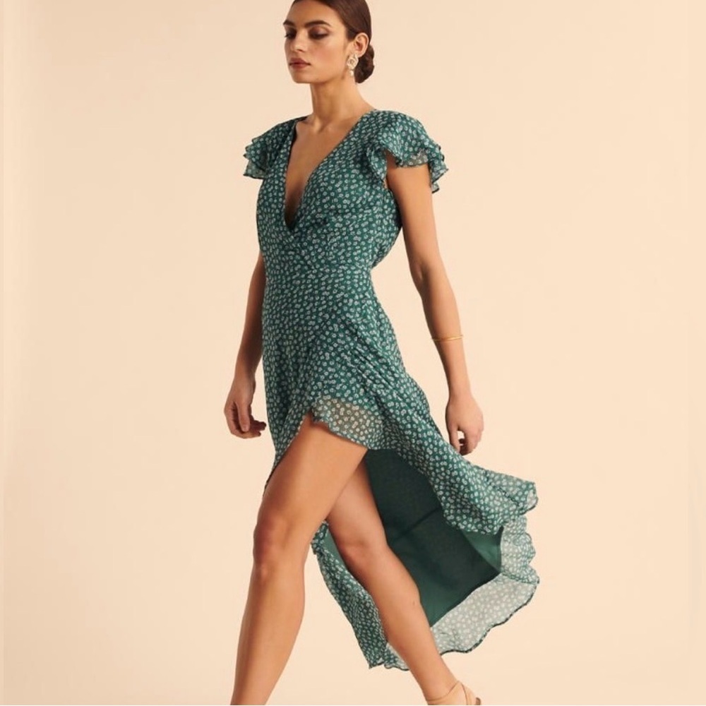 Abercrombie & Fitch Green Floral Ruffle Chiffon Flutter Sleeve Midi Dress XS